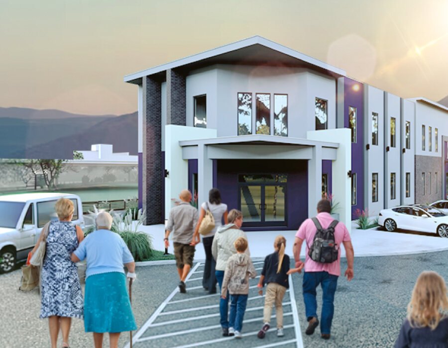 Rendering of the El Sol Park and Learning Center main building with families walking toward the entrance